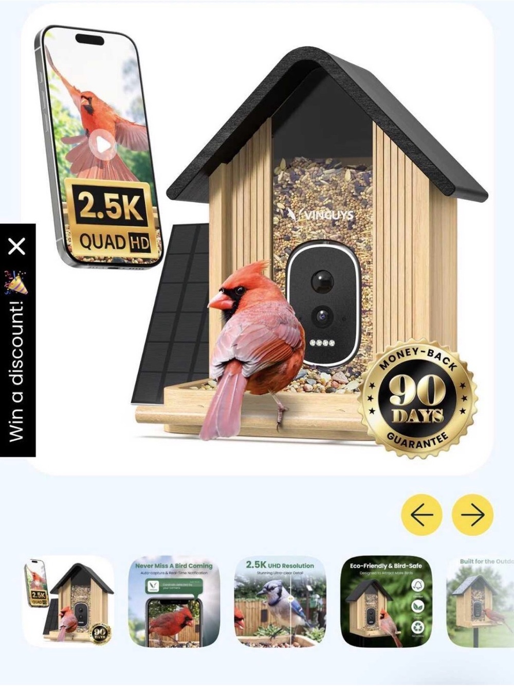 Solar Bird Feeder Camera – Black Roof, Natural Wood